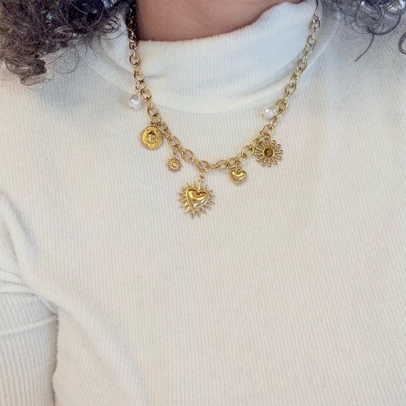 Gold Plated Stainless Steel Sun & Heart Charm Necklace - Picture 4 of 5